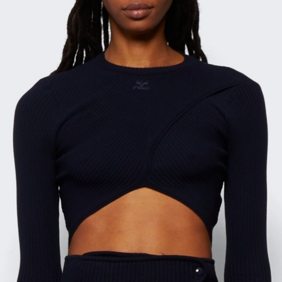COURREGES Logo Rib Knit Criss Cross Long Sleeve Sweater Top Black 3 / Large - Picture 4 of 11